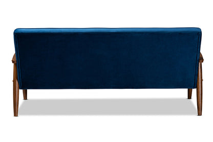 Baxton Studio Sorrento Mid-century Modern Navy Blue Velvet Fabric Upholstered Walnut Finished Wooden 3-seater Sofa