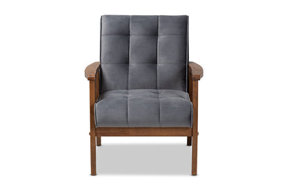 Baxton Studio Asta Mid-Century Modern Grey Velvet Fabric Upholstered Walnut Finished Wood Armchair