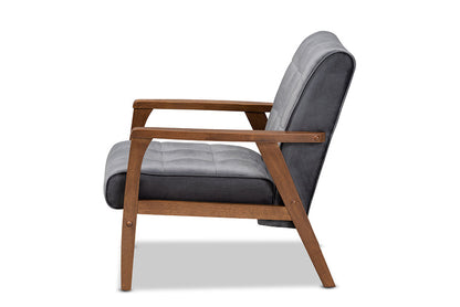 Baxton Studio Asta Mid-Century Modern Grey Velvet Fabric Upholstered Walnut Finished Wood Armchair