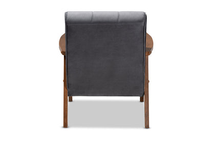 Baxton Studio Asta Mid-Century Modern Grey Velvet Fabric Upholstered Walnut Finished Wood Armchair