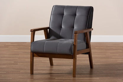 Baxton Studio Asta Mid-Century Modern Grey Velvet Fabric Upholstered Walnut Finished Wood Armchair