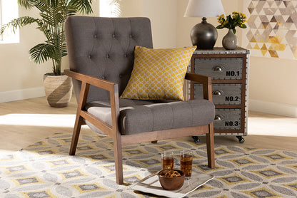 Baxton Studio Naeva Mid-Century Modern Grey Fabric Upholstered Walnut Finished Wood Armchair
