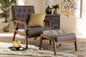 Baxton Studio Naeva Mid-Century Modern Grey Fabric Upholstered Walnut Finished Wood 2-Piece Armchair and Footstool Set