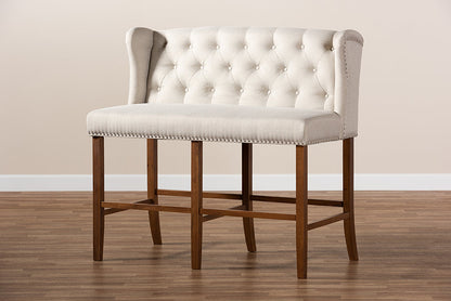 Baxton Studio Alira Modern and Contemporary Beige Fabric Upholstered Walnut Finished Wood Button Tufted Bar Stool Bench