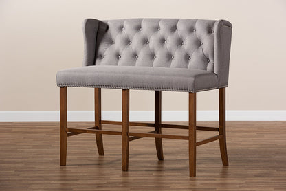 Baxton Studio Alira Modern and Contemporary Grey Fabric Upholstered Walnut Finished Wood Button Tufted Bar Stool Bench