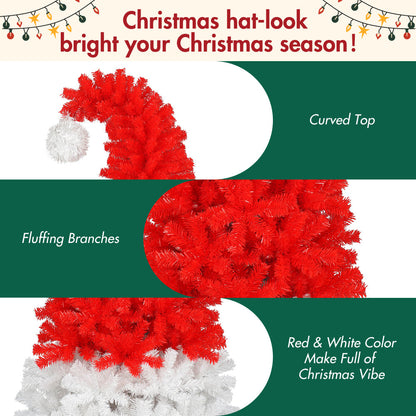 6 FT Santa Hat Shaped Christmas Tree | Pre-Lit Whimsical Curved Xmas Tree with 300 Cool White LEDs & 1050 PET Tips — Red & White