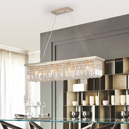 39.4" Rectangle Crystal Raindrop Chandelier | 8-Light Modern Pendant for Dining Room & Kitchen Island — Chrome or Gold, E12