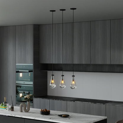 Raindrop Pendant Light – Hand-Blown Clear Glass Shade & Brass/Black Rod | Kitchen Island, Dining Room & Entryway