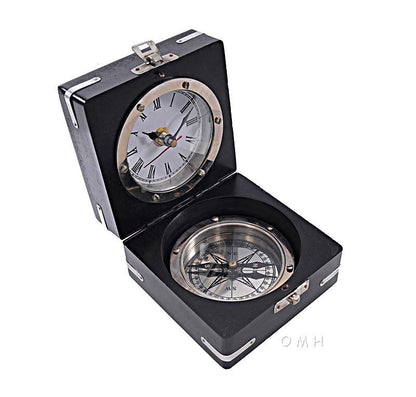 Brass Compass & Clock W/Wooden Case