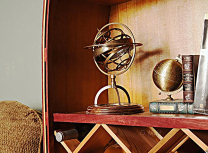 Brass Armillary With Compass On Wood Base