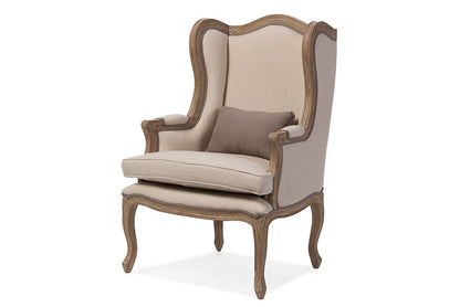 Baxton Studio Oreille French Provincial Style White Wash Distressed Two-tone Beige Upholstered Armchair