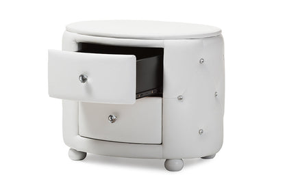 Baxton Studio Davina Hollywood Glamour Style Oval 2-drawer White Faux Leather Upholstered Nightstand