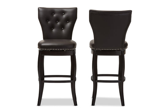 Baxton Studio Leonice Modern and Contemporary Dark Brown Faux Leather Upholstered Button-tufted 29-Inch Swivel Bar Stool (Set of 2)