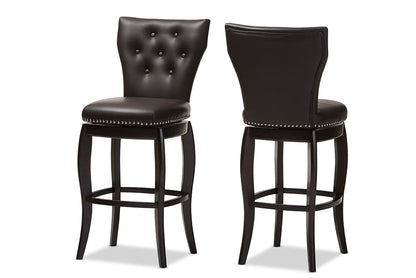 Baxton Studio Leonice Modern and Contemporary Dark Brown Faux Leather Upholstered Button-tufted 29-Inch Swivel Bar Stool (Set of 2)