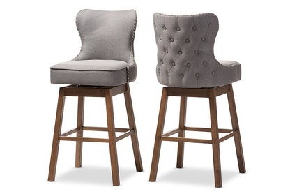 Baxton Studio Gradisca Modern and Contemporary Brown Wood Finishing and Grey Fabric Button-Tufted Upholstered Swivel Barstool