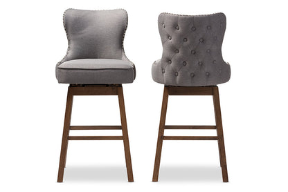 Baxton Studio Gradisca Modern and Contemporary Brown Wood Finishing and Grey Fabric Button-Tufted Upholstered Swivel Barstool