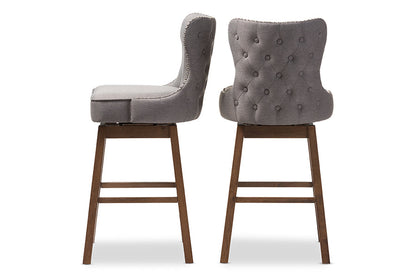 Baxton Studio Gradisca Modern and Contemporary Brown Wood Finishing and Grey Fabric Button-Tufted Upholstered Swivel Barstool