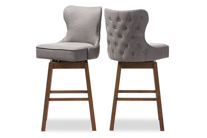 Baxton Studio Gradisca Modern and Contemporary Brown Wood Finishing and Grey Fabric Button-Tufted Upholstered Swivel Barstool