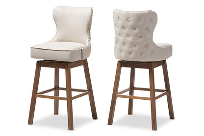 Baxton Studio Gradisca Modern and Contemporary Brown Wood Finishing and Light Beige Fabric Button-Tufted Upholstered Swivel Barstool
