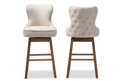 Baxton Studio Gradisca Modern and Contemporary Brown Wood Finishing and Light Beige Fabric Button-Tufted Upholstered Swivel Barstool