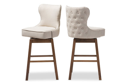 Baxton Studio Gradisca Modern and Contemporary Brown Wood Finishing and Light Beige Fabric Button-Tufted Upholstered Swivel Barstool