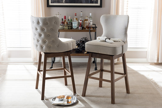 Baxton Studio Gradisca Modern and Contemporary Brown Wood Finishing and Light Beige Fabric Button-Tufted Upholstered Swivel Barstool