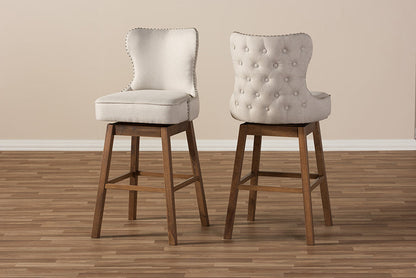 Baxton Studio Gradisca Modern and Contemporary Brown Wood Finishing and Light Beige Fabric Button-Tufted Upholstered Swivel Barstool
