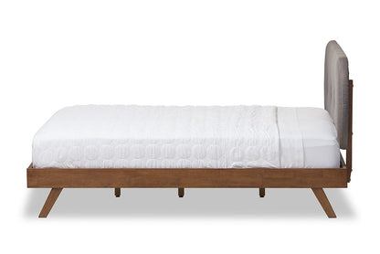 Baxton Studio Penelope Mid-Century Modern Solid Walnut Wood Grey Fabric Upholstered Queen Size Platform Bed