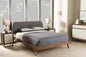 Baxton Studio Penelope Mid-Century Modern Solid Walnut Wood Grey Fabric Upholstered King Size Platform Bed