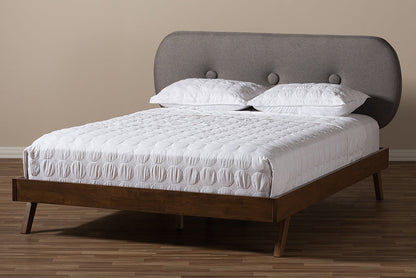 Baxton Studio Penelope Mid-Century Modern Solid Walnut Wood Grey Fabric Upholstered Queen Size Platform Bed