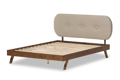 Baxton Studio Penelope Mid-Century Modern Solid Walnut Wood Light Beige Fabric Upholstered Queen Size Platform Bed
