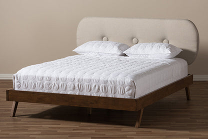 Baxton Studio Penelope Mid-Century Modern Solid Walnut Wood Light Beige Fabric Upholstered Queen Size Platform Bed