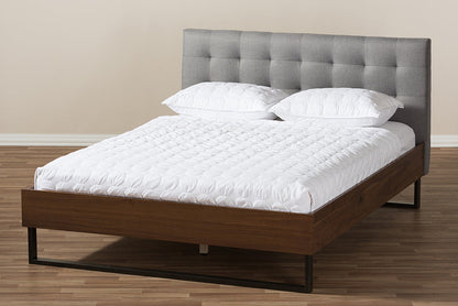 Baxton Studio Mitchell Rustic Industrial Walnut Wood Grey Fabric Dark Bronze Metal Queen Size Platform Bed