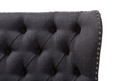 Baxton Studio Scarlett Mid-Century Modern Brown Wood and Dark Grey Fabric Upholstered Button-Tufting with Nail Heads Trim 2-Seater Loveseat Settee