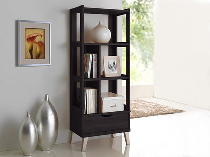 Baxton Studio Kalien Modern and Contemporary Dark Brown Wood Leaning Bookcase with Display Shelves and One Drawer