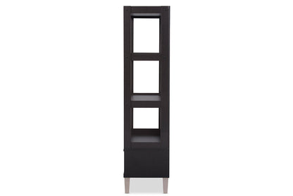 Baxton Studio Kalien Modern and Contemporary Dark Brown Wood Leaning Bookcase with Display Shelves and Two Drawers