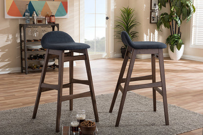 Baxton Studio Bloom Mid-century Retro Modern Scandinavian Style Dark Blue Fabric Upholstered Walnut Wood Finishing 30-Inches Bar Stool (Set of 2)