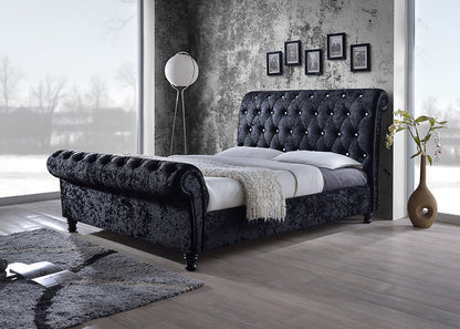 Baxton Studio Castello Black Velvet Upholstered Faux Crystal-Buttoned Sleigh Queen Platform Bed