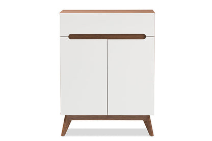 Baxton Studio Calypso Mid-Century Modern White and Walnut Wood Storage Shoe Cabinet