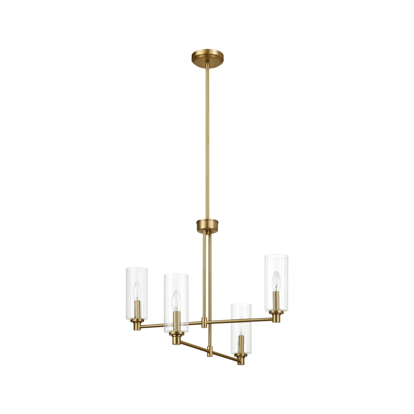 4-Light Pendant Chandelier – Clear Ribbed Glass Shades & Satin Brass Finish | Dining Room & Living Room