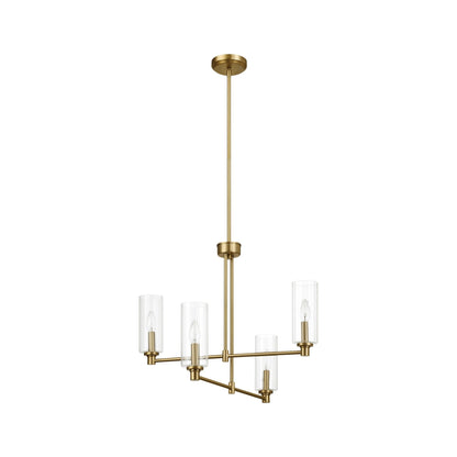 4-Light Pendant Chandelier – Clear Ribbed Glass Shades & Satin Brass Finish | Dining Room & Living Room