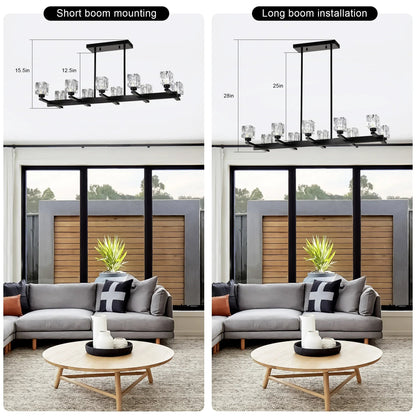 10-Light Black Linear Crystal Chandelier | Farmhouse Modern Pendant Light for Dining Room, Kitchen Island & Living Room — 35.67" Wide