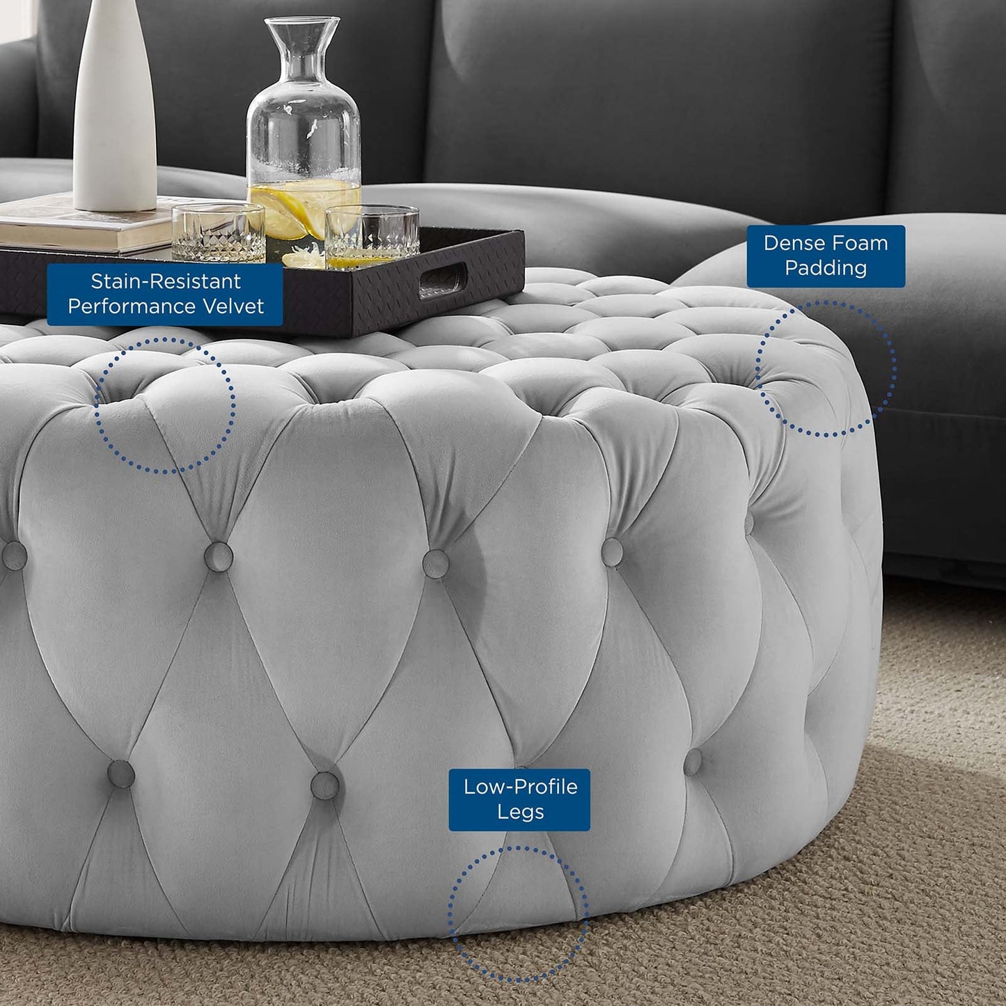 Amour Tufted Button Large Round Performance Velvet Ottoman by Modway
