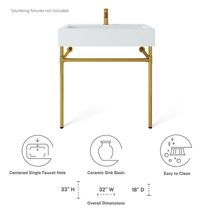 Redeem 32" Wall-Mount Gold Stainless Steel Bathroom Vanity by Modway