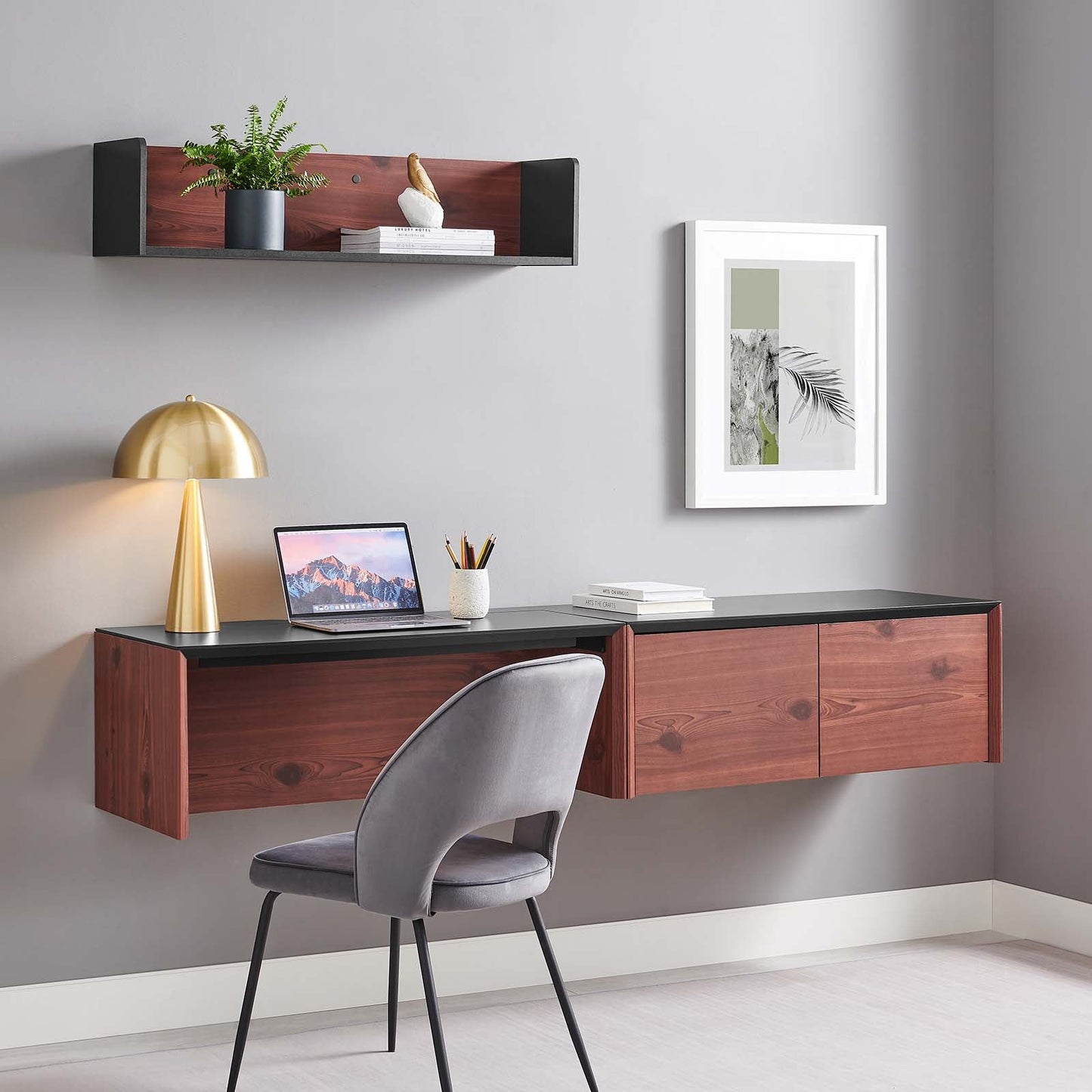 Kinetic 38" Wall-Mount Office Desk With Cabinet and Shelf by Modway