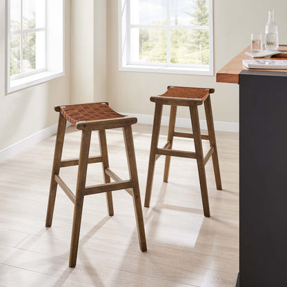 Saoirse Leather Wood Bar Stool Set of 2 by Modway