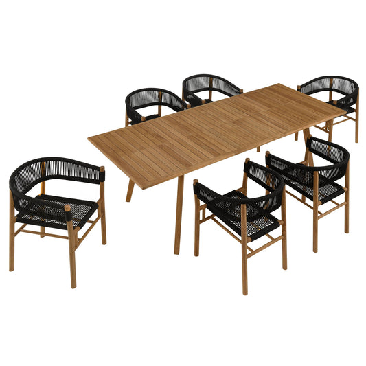 Vienna 7-Piece Outdoor Patio Teak and Rope Dining Set with Curved-Back Armchairs by Modway
