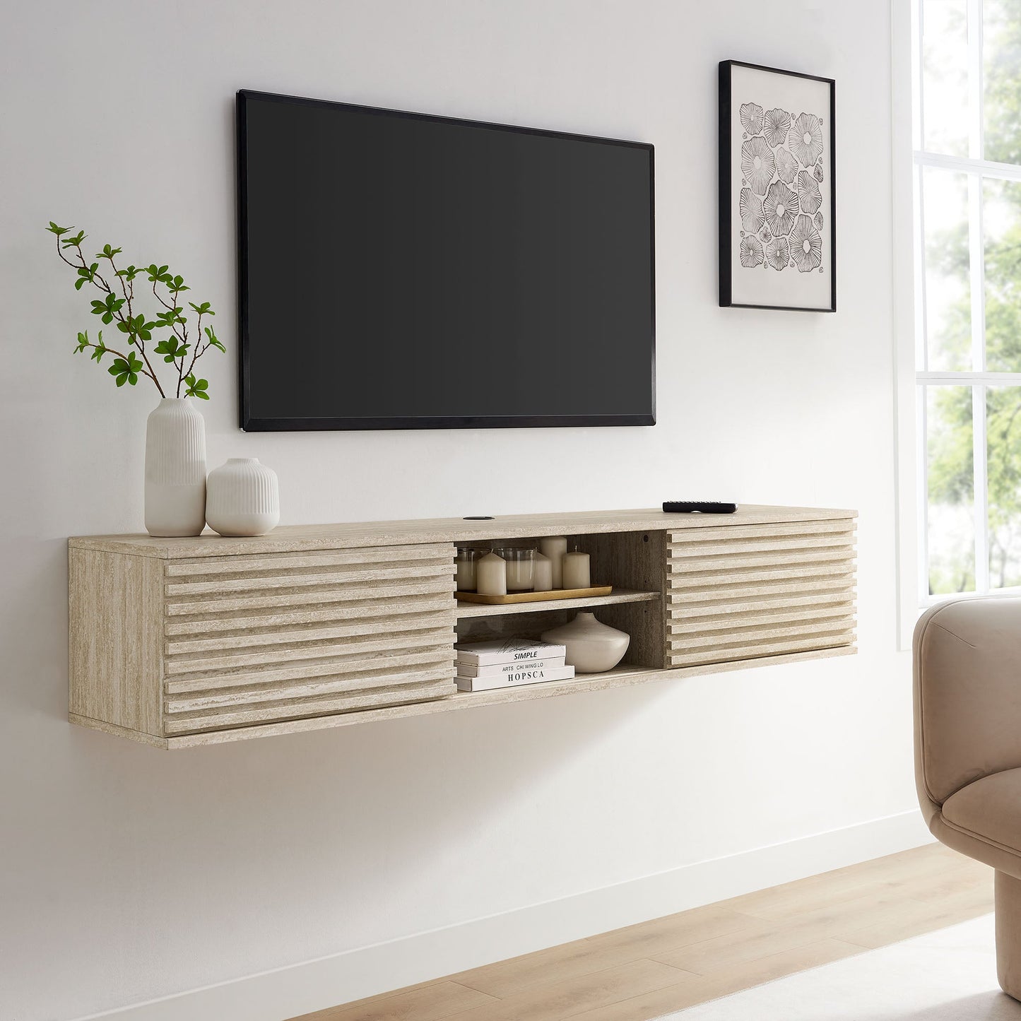 Render 70" Faux Travertine Wall-Mount Media Console TV Stand by Modway