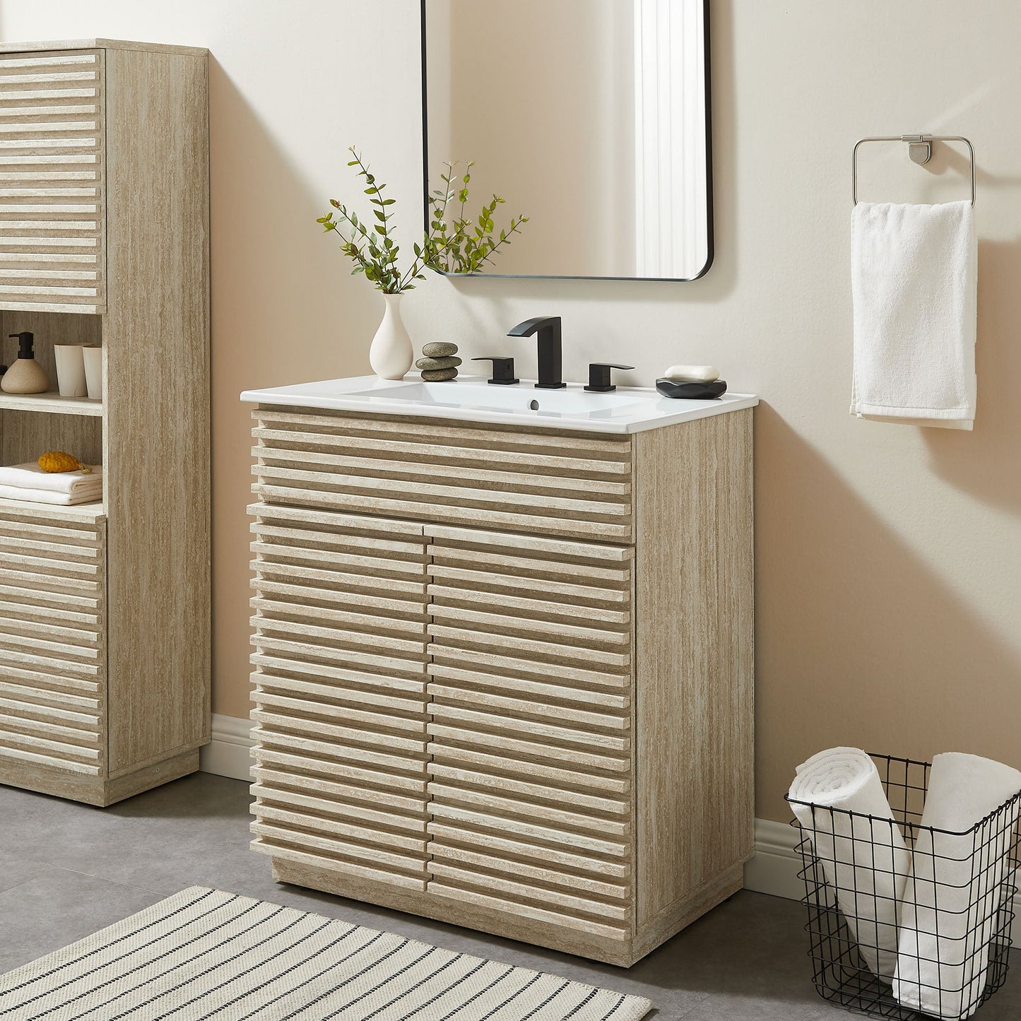 Render 30" Faux Travertine Bathroom Vanity Cabinet (Sink Not Included) by Modway