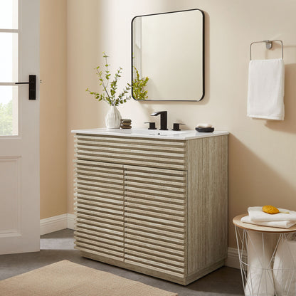 Render 36" Faux Travertine Bathroom Vanity Cabinet (Sink Not Included) by Modway